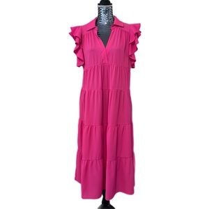 Umgee Hot Pink A-Line Tiered Ruffle Sleeve Split Neck Midi Dress Flowy Sz MED